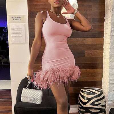 Solid Sleeveless Spaghetti Strap Feather Design Mini Dress