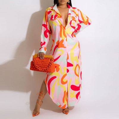 Print Long Sleeve Asymmetrical Maxi Shirt Dress