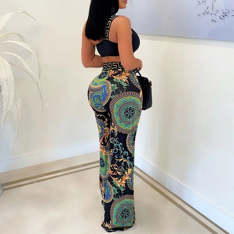 Print Sleeveless Tube Top & Wide Leg Pants Set