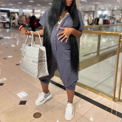 Solid Short Sleeve Button Detailed Loose Jumpsuit