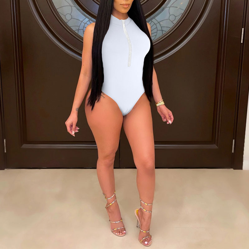 Solid Sleeveless Zipper Design Bodysuit