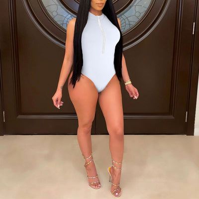Solid Sleeveless Zipper Design Bodysuit