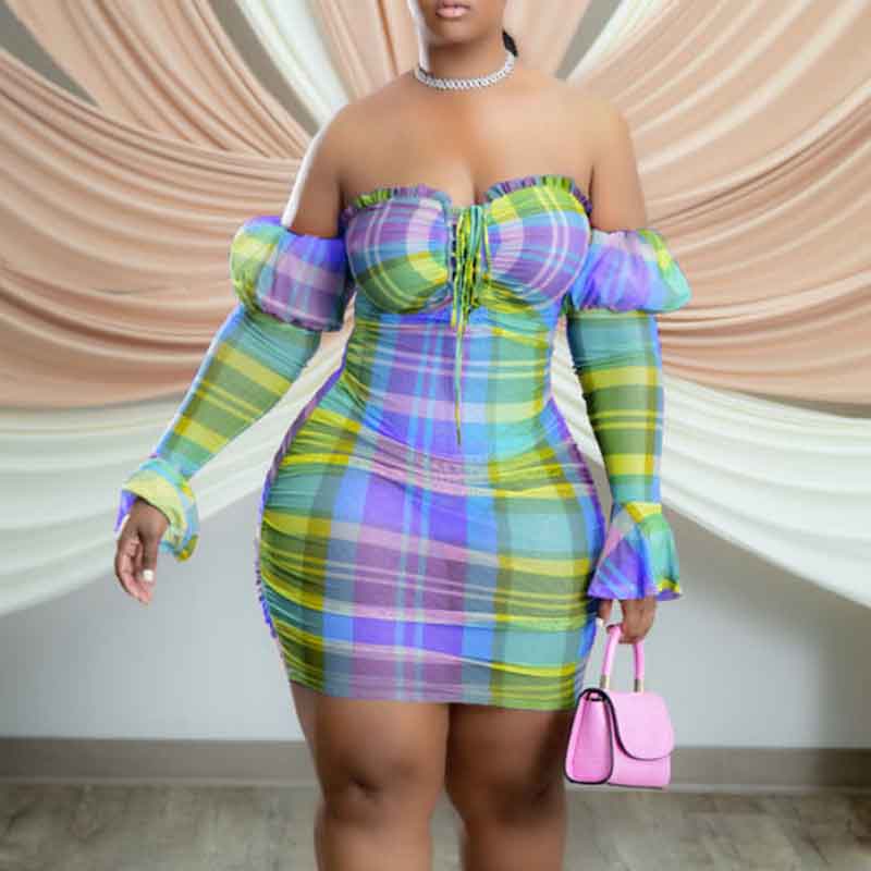 Plaid Pattern Off Shoulder Flared Sleeve  Mini Dress
