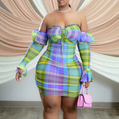 Plaid Pattern Off Shoulder Flared Sleeve  Mini Dress