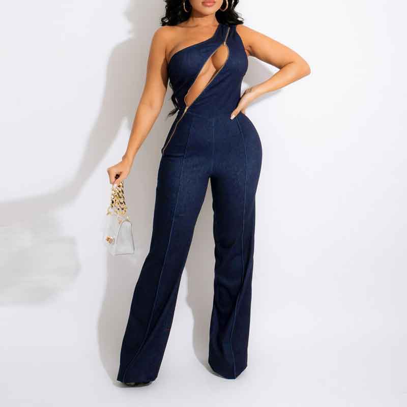 Solid Oblique Shoulder Zipper Design Cut Out Jumpsuit