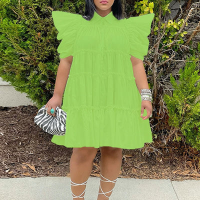 Solid Puff Sleeve Pleated Loose Shirt Dress
