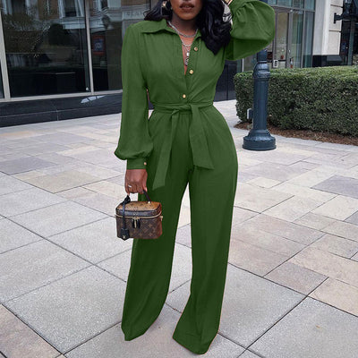 Solid Long Sleeve Button Detailed Belted Jumpsuit