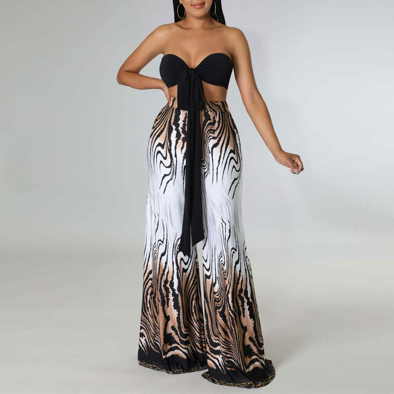 Solid Tied Bandeau Top & Print Wide Leg Pants Set