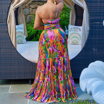 Print Sleeveless Cut Out Spaghetti Strap Maxi Dress