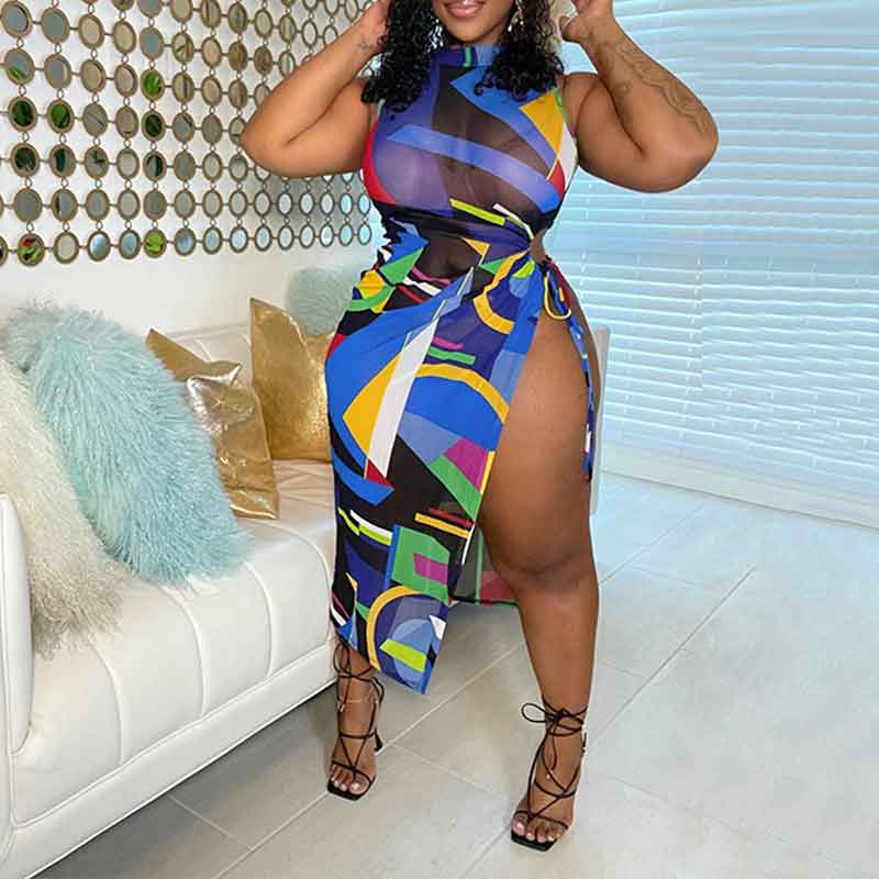 Print Sleeveless Sheer Mesh High Slit Midi Dress
