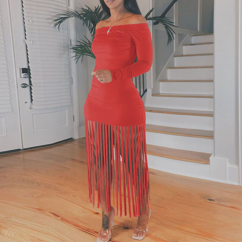 Solid Off Shoulder Long Sleeve Tassel Design Dress