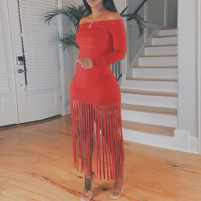 Solid Off Shoulder Long Sleeve Tassel Design Dress