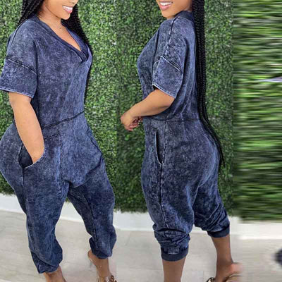 Solid V-Neck Short Sleeve Loose Jumpsuit