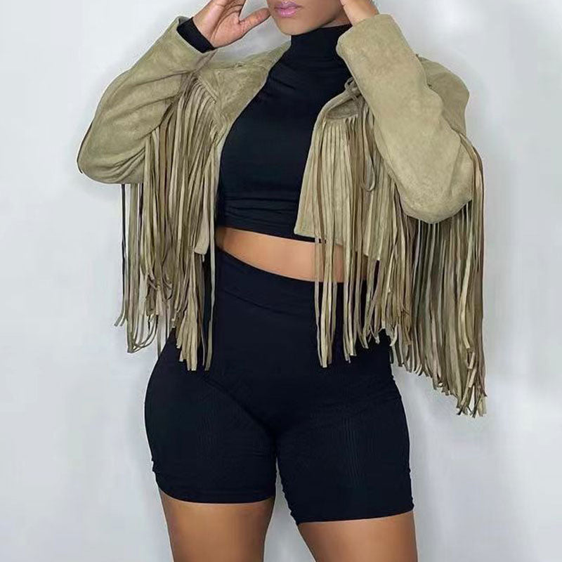 Solid Long Sleeve Tassel Design Coat