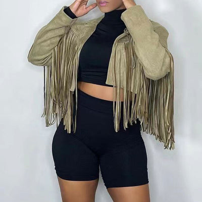 Solid Long Sleeve Tassel Design Coat