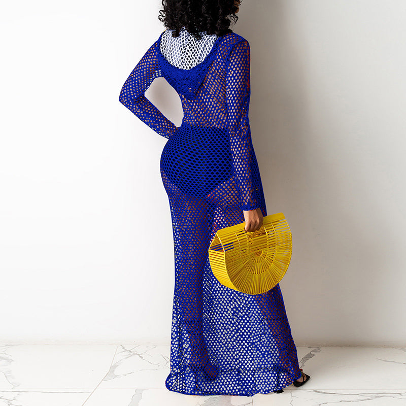 Hollow Mesh Hooded Beach Cover-Up Dress