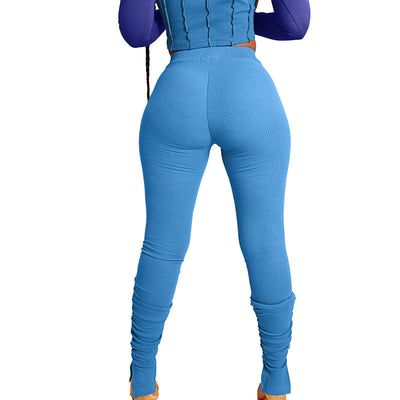 Patchwork Zipper Pleats Hem Split Pants