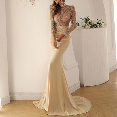 Sequins Long Sleeve Sheer Mesh Patchwork Maxi Dress