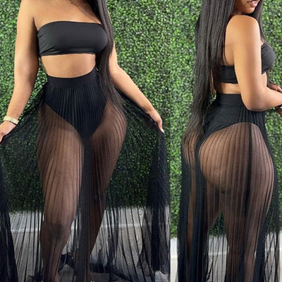 Mesh Pleated Skirt Wrapped Breast Top 3PCS Dress