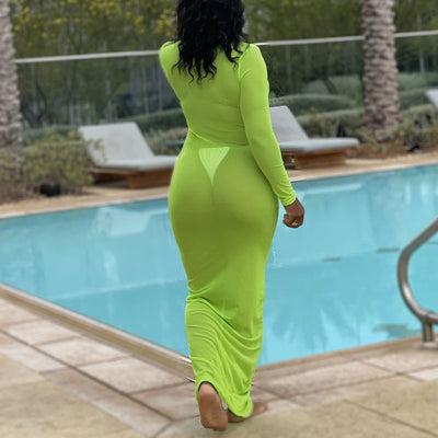 Solid Long Sleeve Sheer Mesh Beach Cover Up Dress