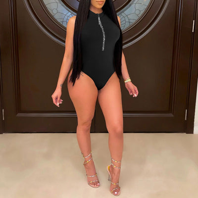 Solid Sleeveless Zipper Design Bodysuit