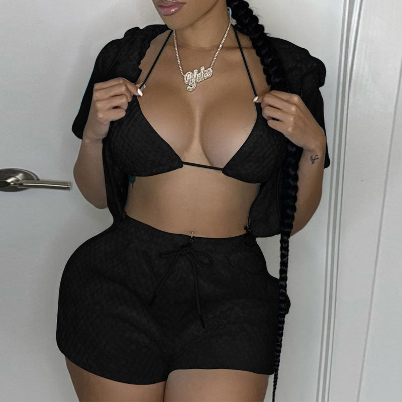 Solid Short Sleeve Fluffy Three Piece Set