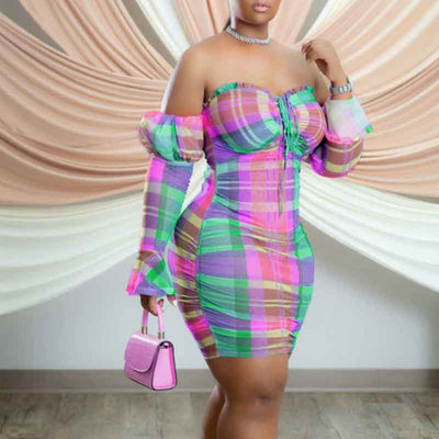 Plaid Pattern Off Shoulder Flared Sleeve  Mini Dress