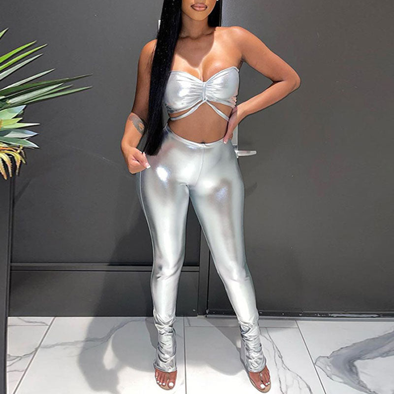 Solid PU Leather Tube Top & Pants Set