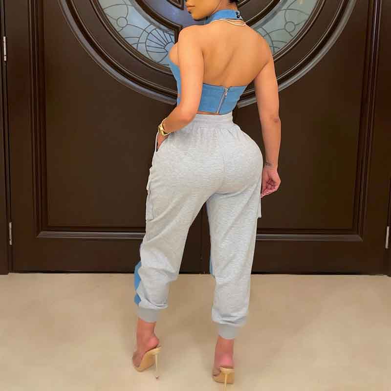 Colorblock Cut Out Tube Top & Pocket Design Pants Set