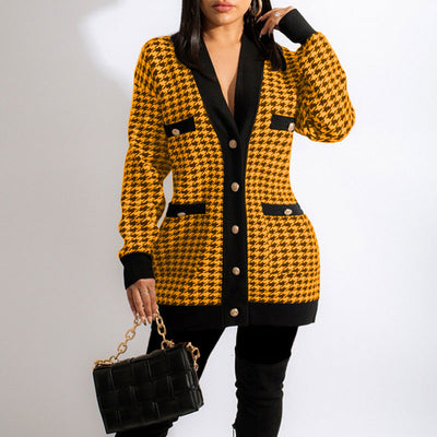 Houndstooth Pattern Long Sleeve Button Detailed Coat