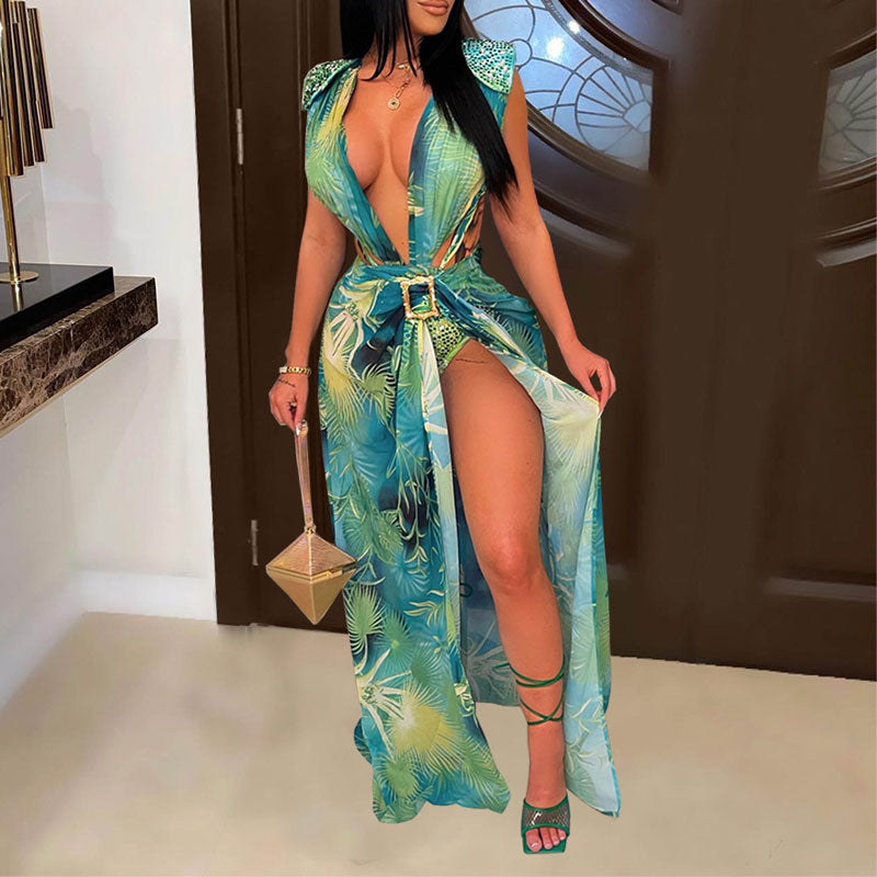 Leaf Print Deep V-Neck Sleeveless 2PCS Swimsuit Set