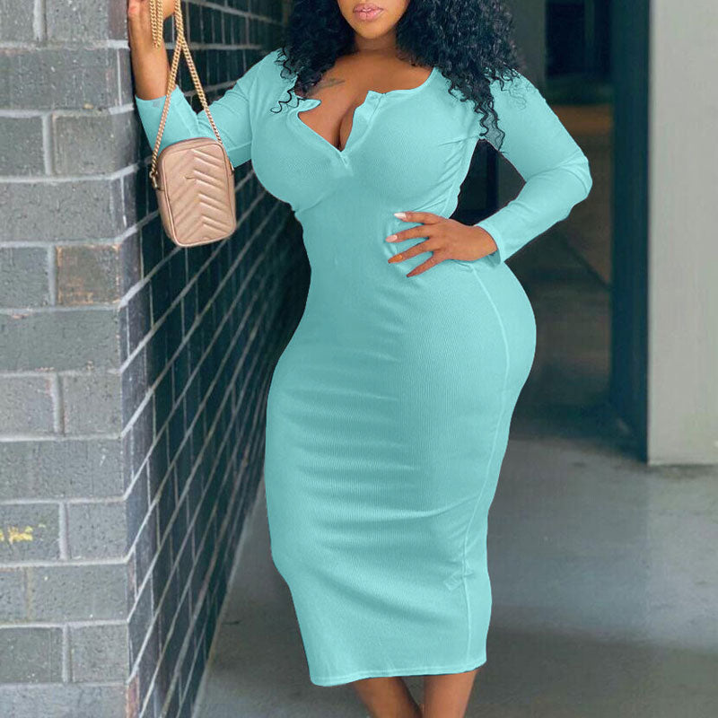 Solid V-Neck Long Sleeve Plus Size Dress