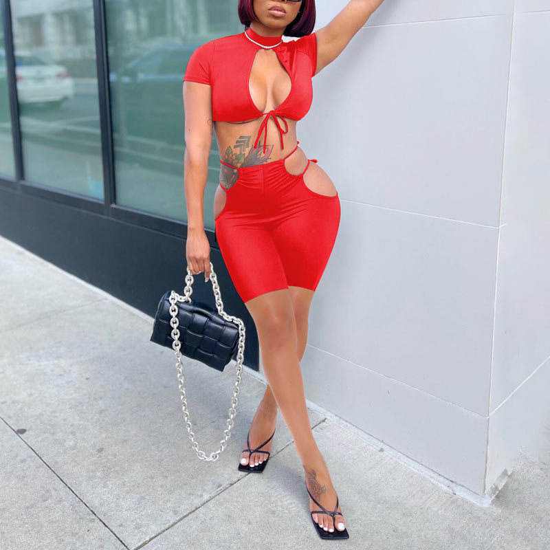 Solid Short Sleeve Hollow Out Skirts Set
