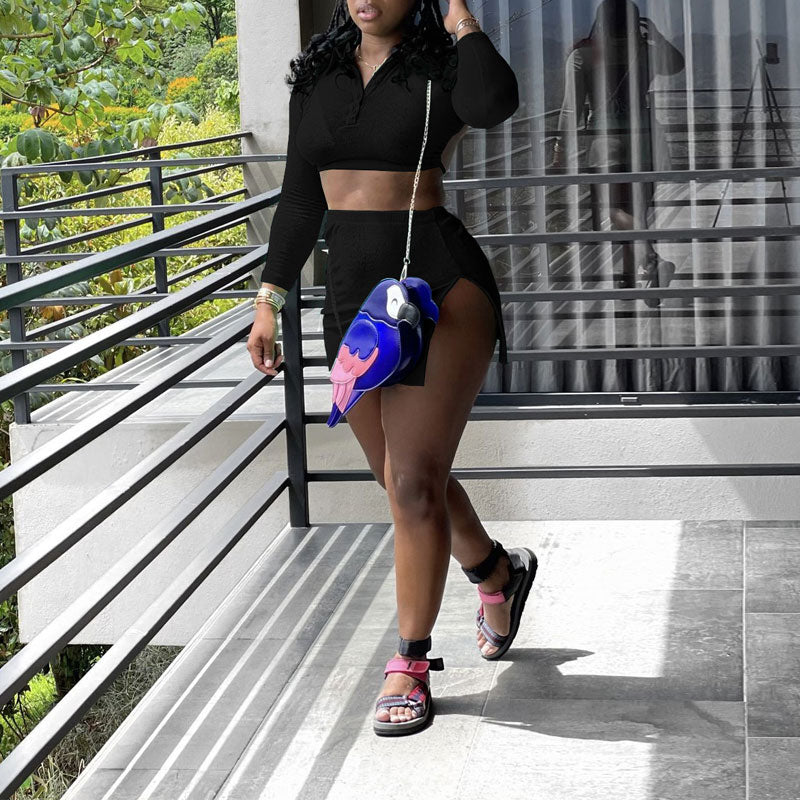 Solid Backless Bandage Crop Top & Slit Skort Set