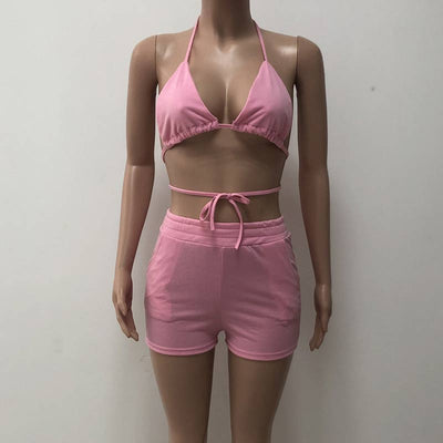 Solid Deep V-Neck Halter Bandage Two Piece Set