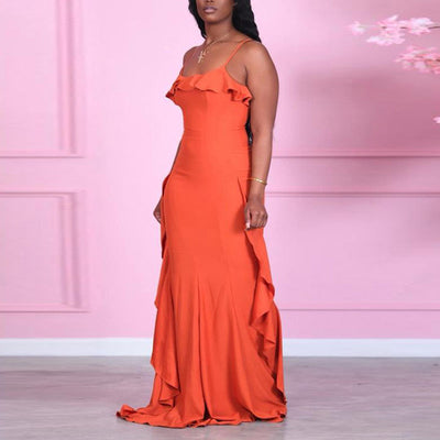 Solid Sleeveless Ruffle Design Maxi Dress