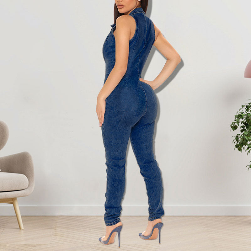 Solid Sleeveless Button Detailed Denim Jumpsuit