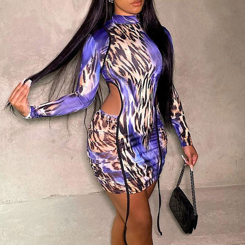 Leopard Pattern Long Sleeve Cut Out Bodycon Dress