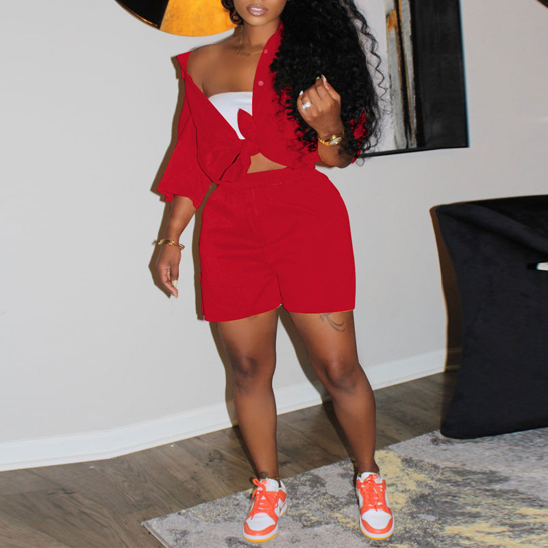 Solid Short Sleeve Button Detailed Blouse & Shorts Set