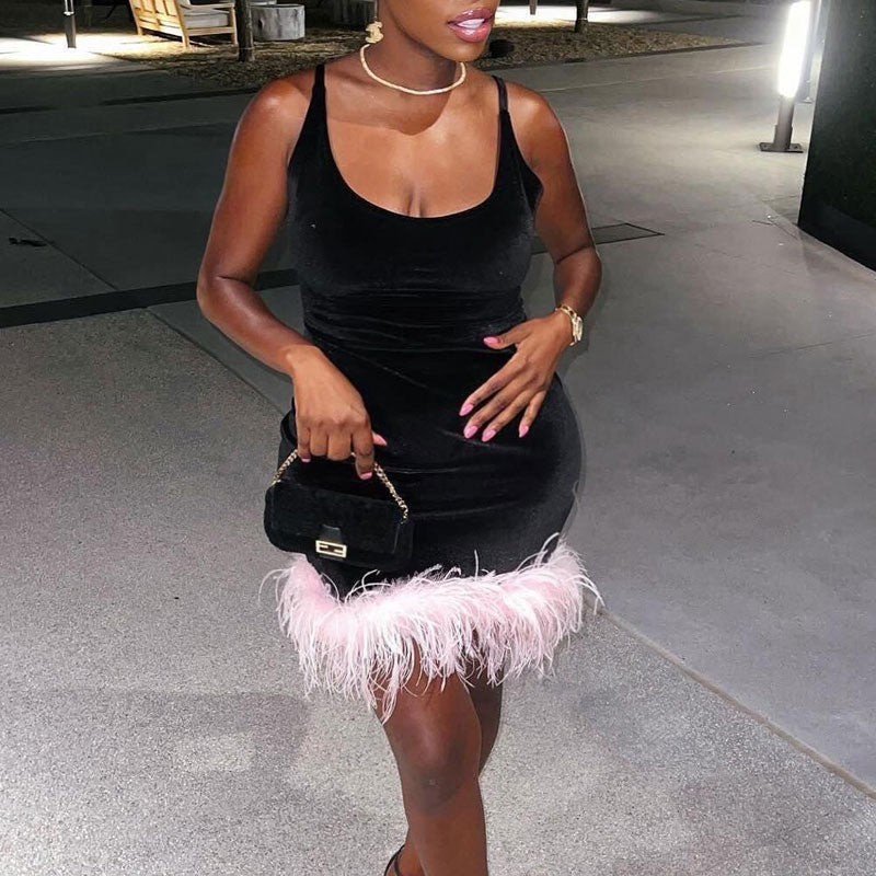 Solid Sleeveless Spaghetti Strap Feather Design Mini Dress