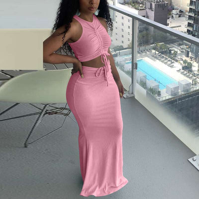 Solid Sleeveless Drawstring Crop Top & Skirt Set