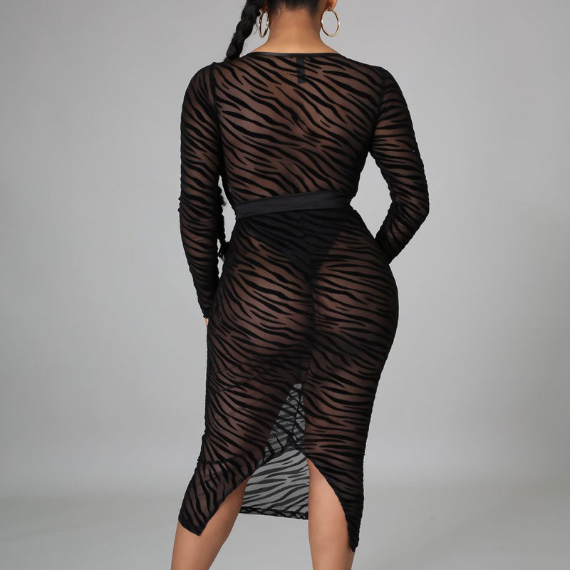 Print Deep V-Neck Long Sleeve Sheer Mesh Belted Midi Dress