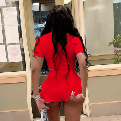 Solid Short Sleeve Tied Blouse & Slit Shorts Set