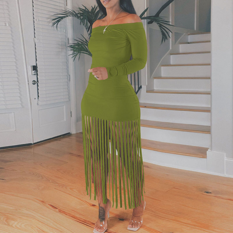 Solid Off Shoulder Long Sleeve Tassel Design Dress