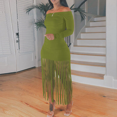 Solid Off Shoulder Long Sleeve Tassel Design Dress