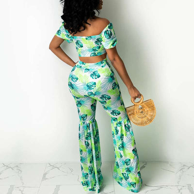 Leaf Pattern Off Shoulder Crop Top & Bell Bottomed Pants Set