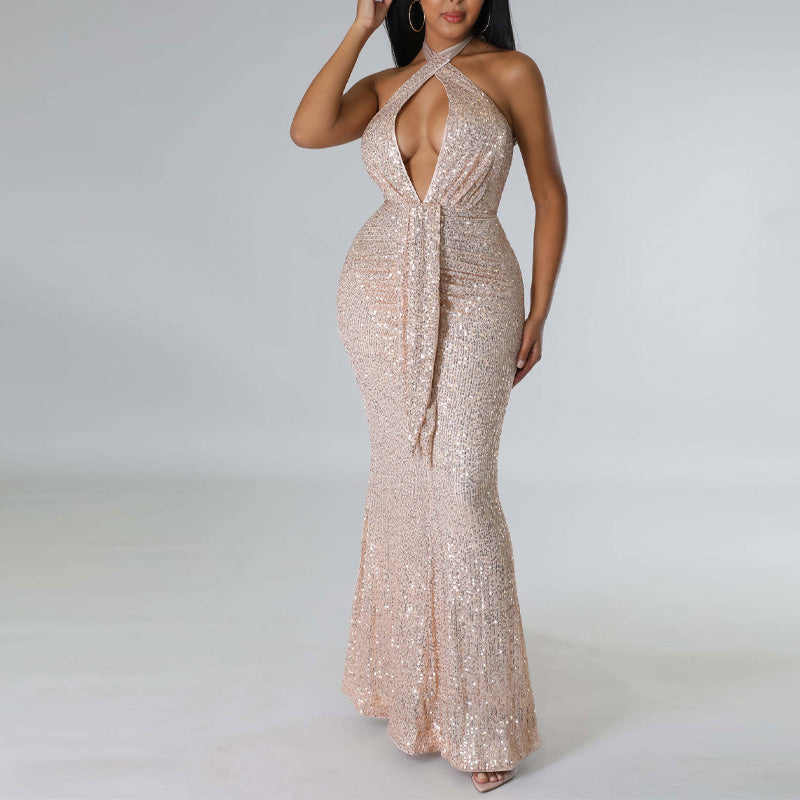 Sequins Halter Sleeveless Mermaid Evening Dress