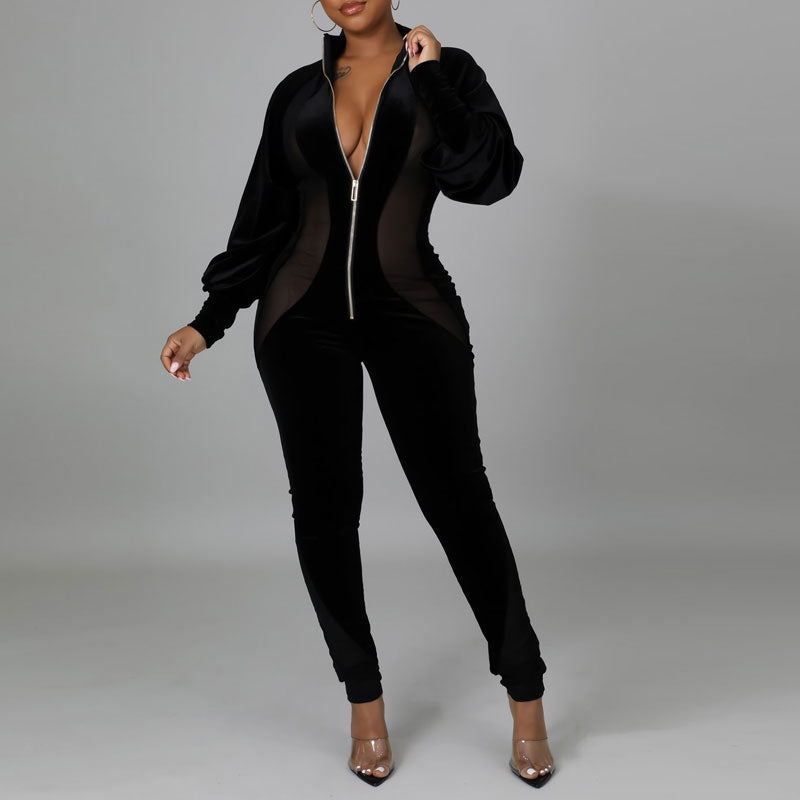 Solid Lantern Sleeve Zipper Design Sheer Mesh Jumpsuit