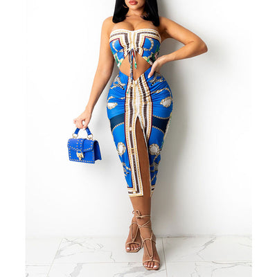Print Drawstring Tube Top & Skirt Set