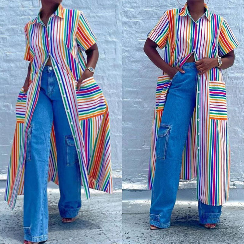Striped Pattern Short Sleeve Button Detailed Long Blouse